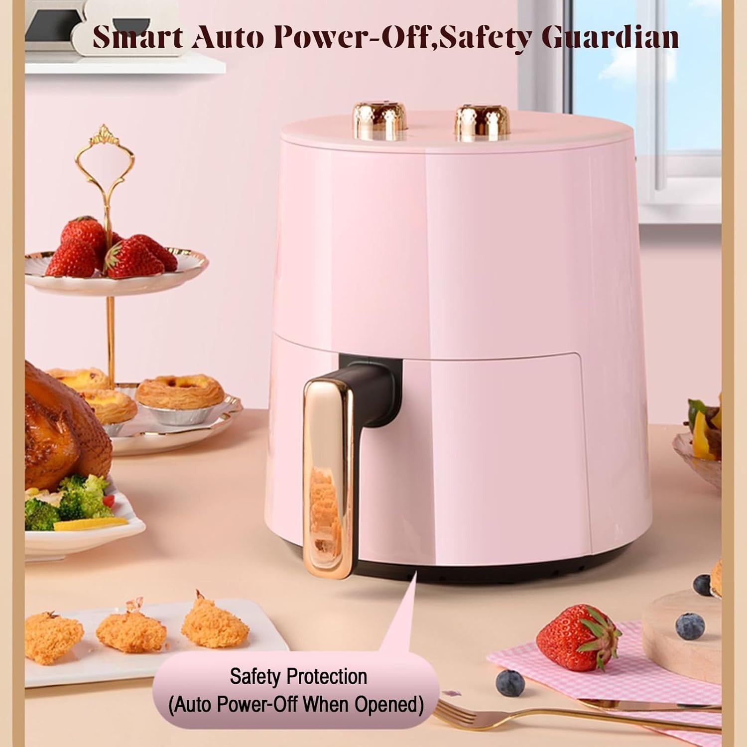 Pink Air Fryer 3.7L 1300W Compact 10-in-1 Oil Free Rapid Air 30min Timer