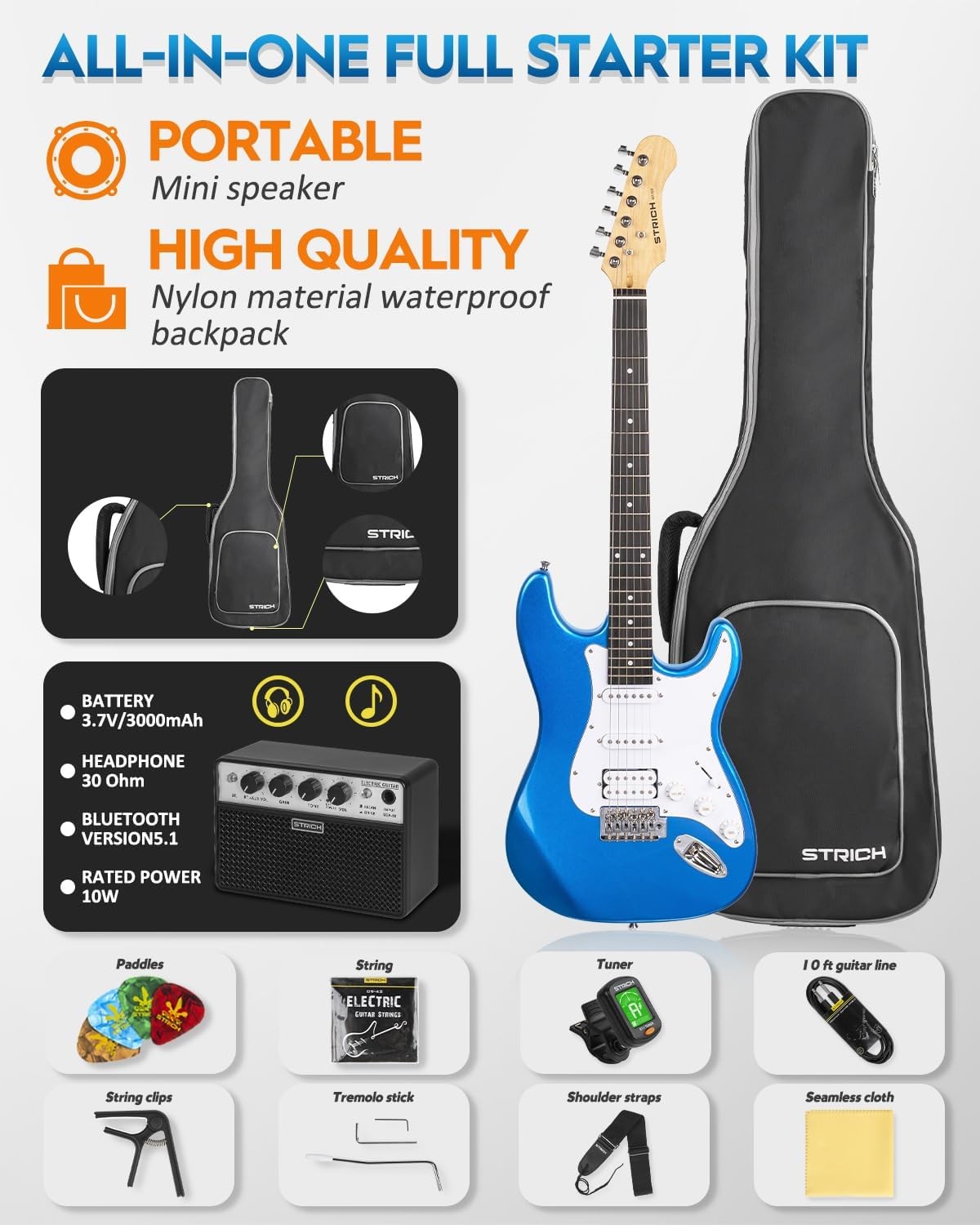 39" Electric Guitar Starter Kit HSS Pickups 10W Amp Blue