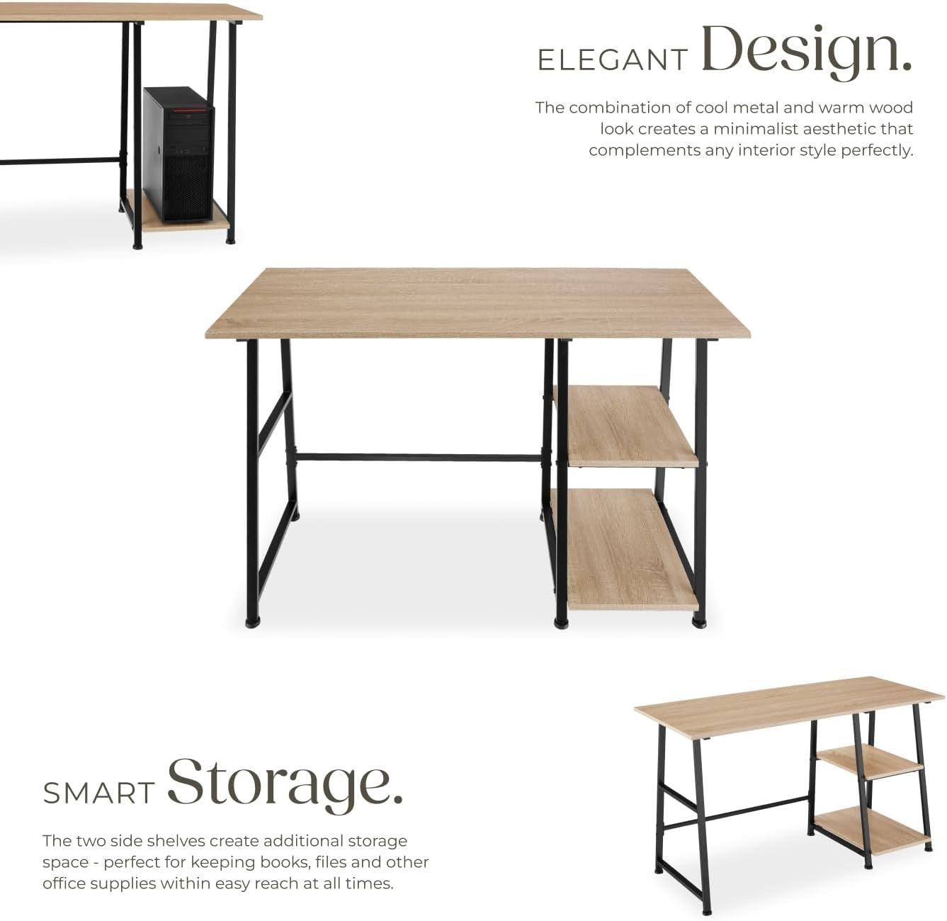Modern Computer Desk Light Wood 120cm with Shelves & Steel Frame Office Table
