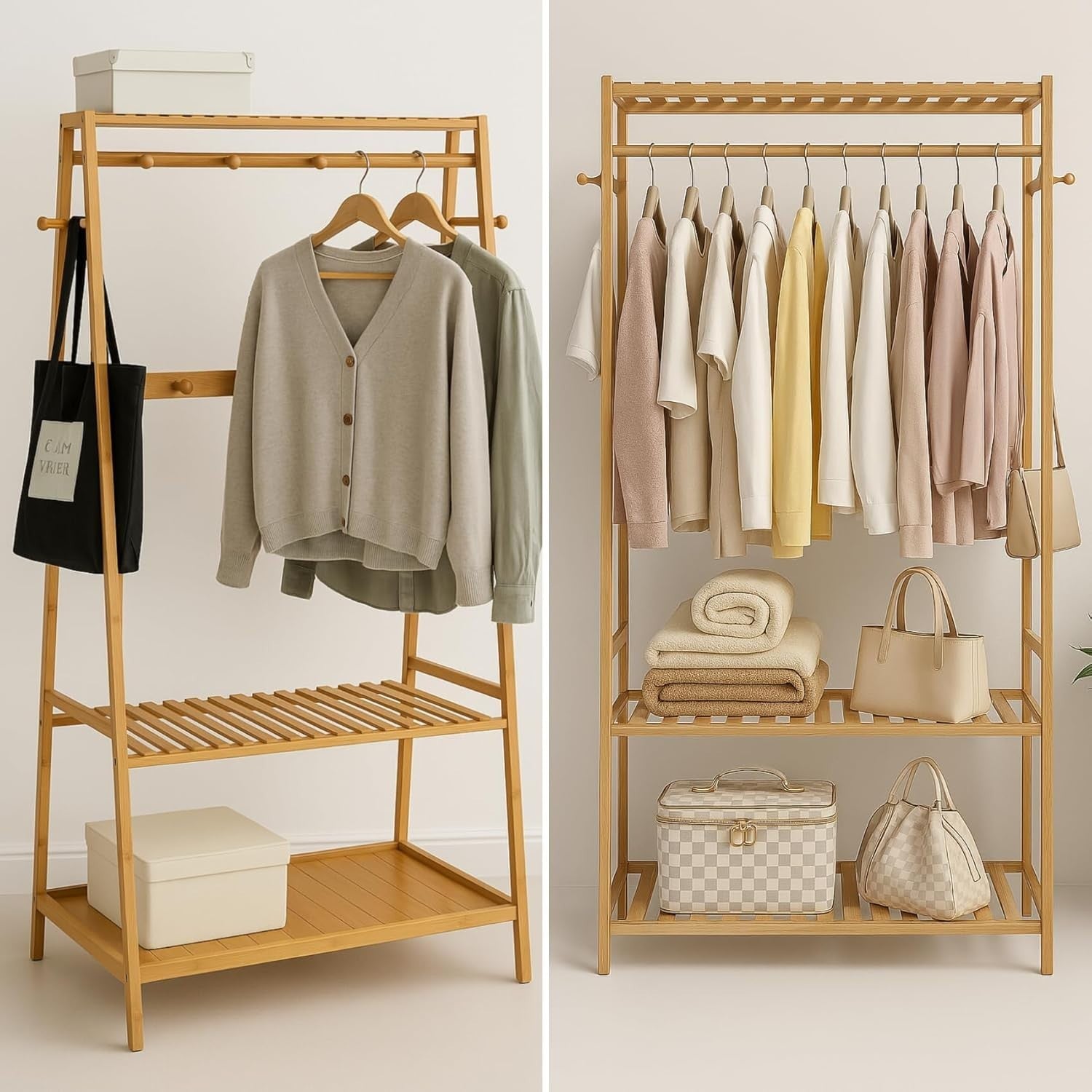 Wooden Clothes Rail Bamboo Garment Rack with Shelves