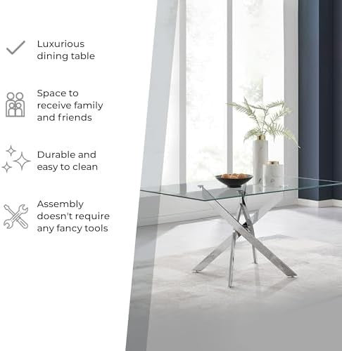 Modern Rectangular Glass Dining Table with Chrome Legs for 6 Person Dining