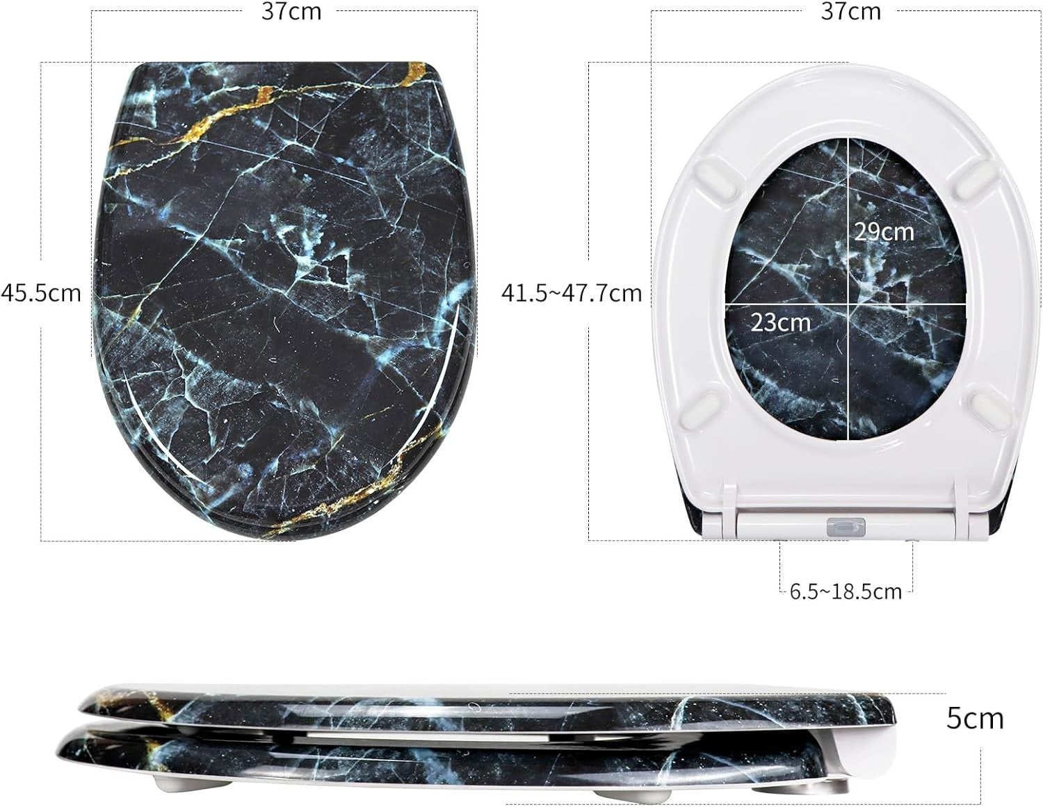 Soft Close Black Marble Toilet Seat Quick Release Top Fixing 45x37cm