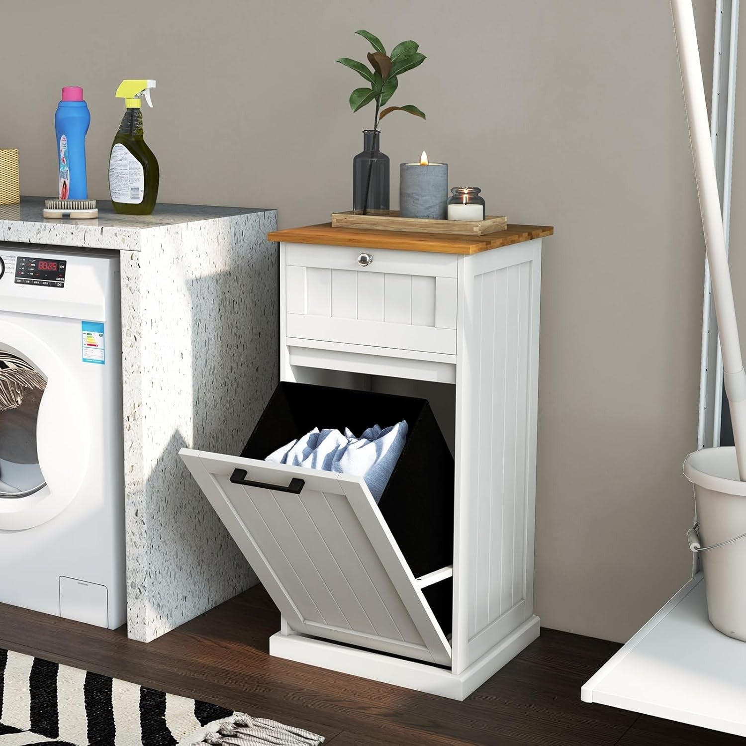 White Tilt-Out Laundry Cabinet with Drawer & Removable Hamper | Freestanding Bat