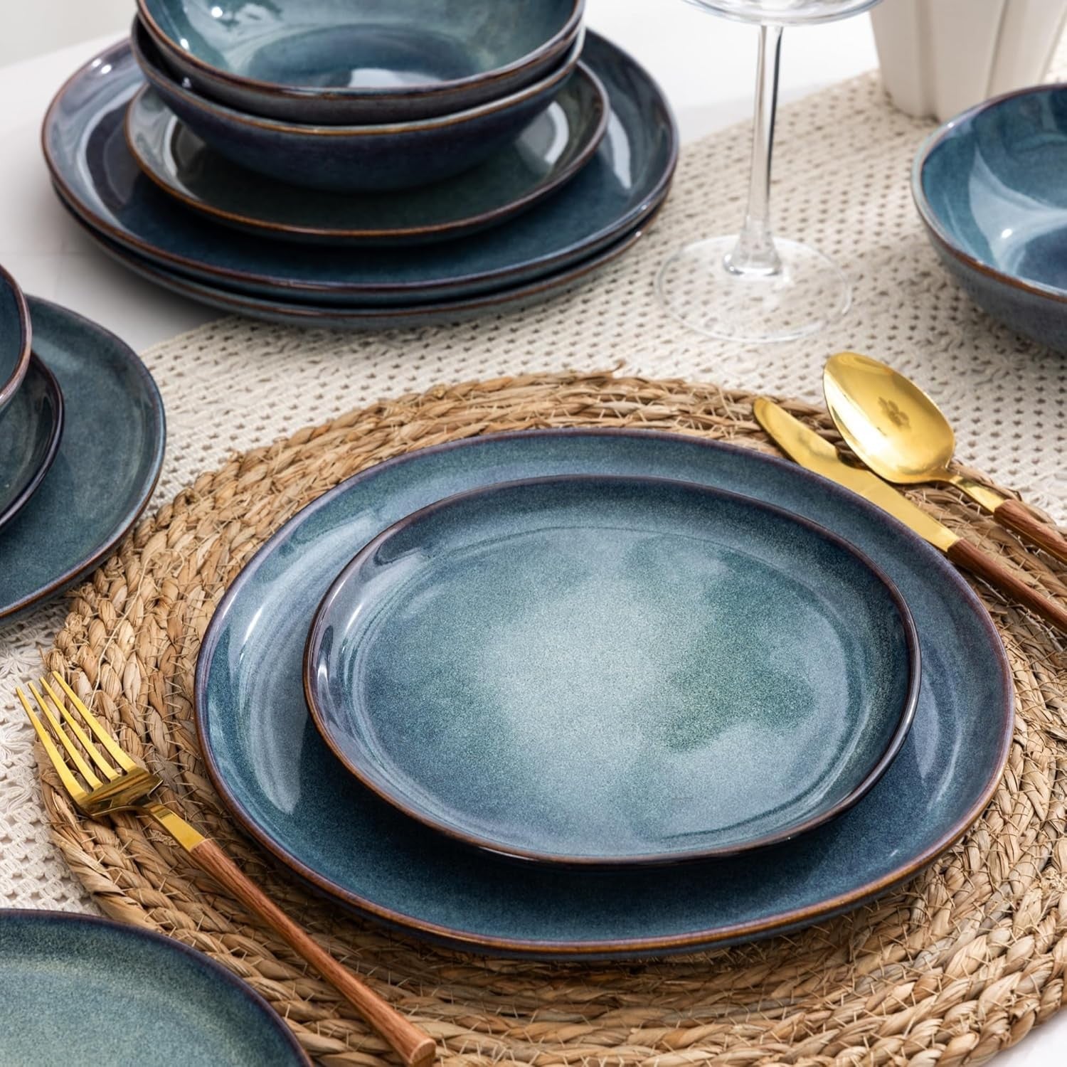 18pc Stoneware Dinnerware Set Blue Reactive Blue Plates Bowls Dishwasher Safe