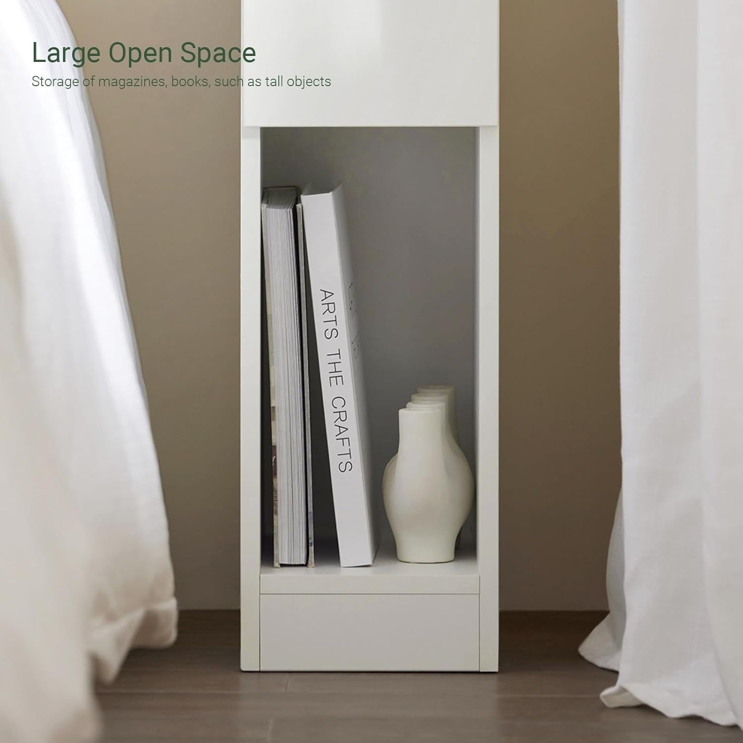 Set of 2 Slim White Bedside Tables with Drawer & Shelf | Narrow Modern