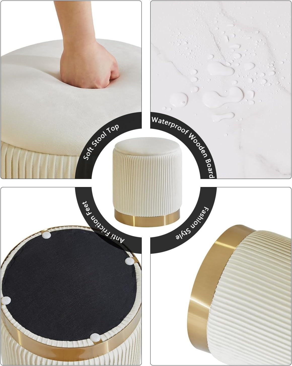 Set of 2 White Round Storage Ottomans – Velvet Pouffe Footstools with Table Tops