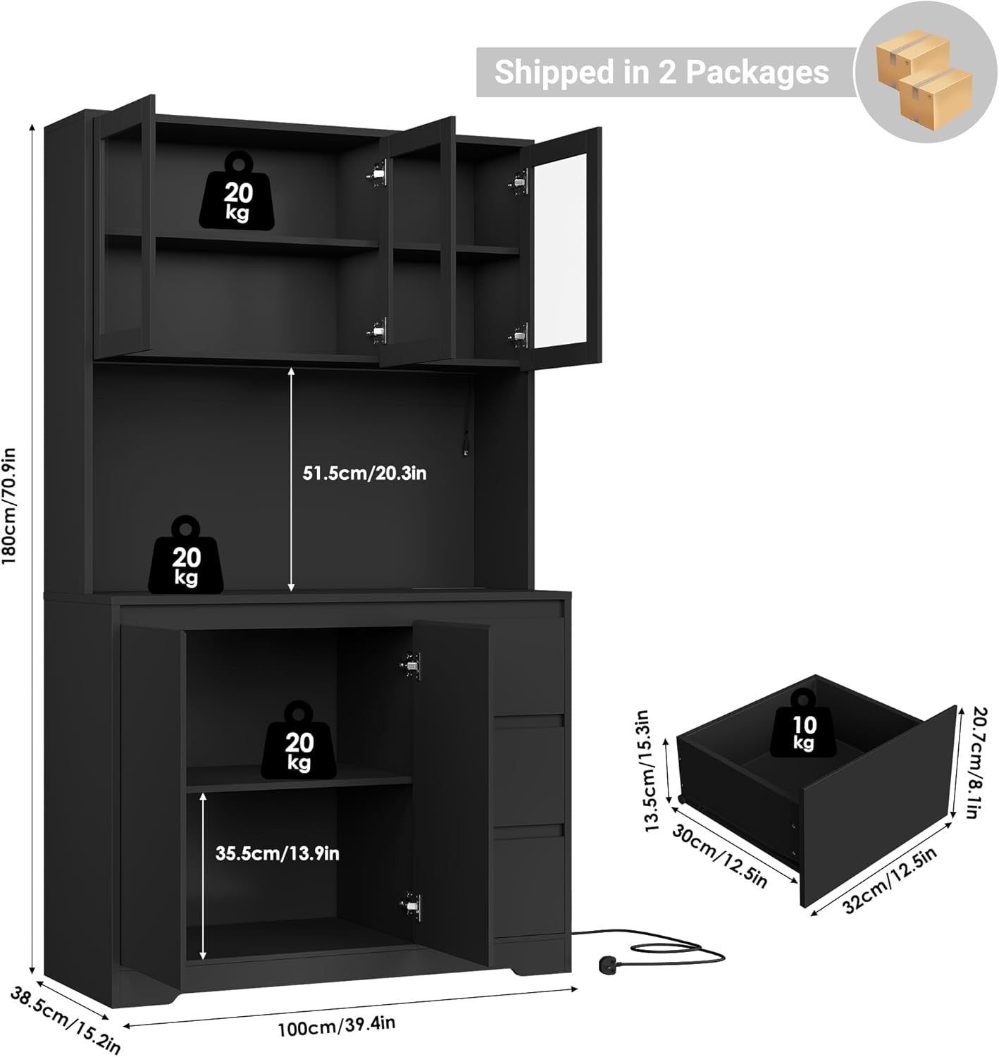 Tall Black Kitchen Cabinet with LED Lights, Drawers & Adjustable Shelves