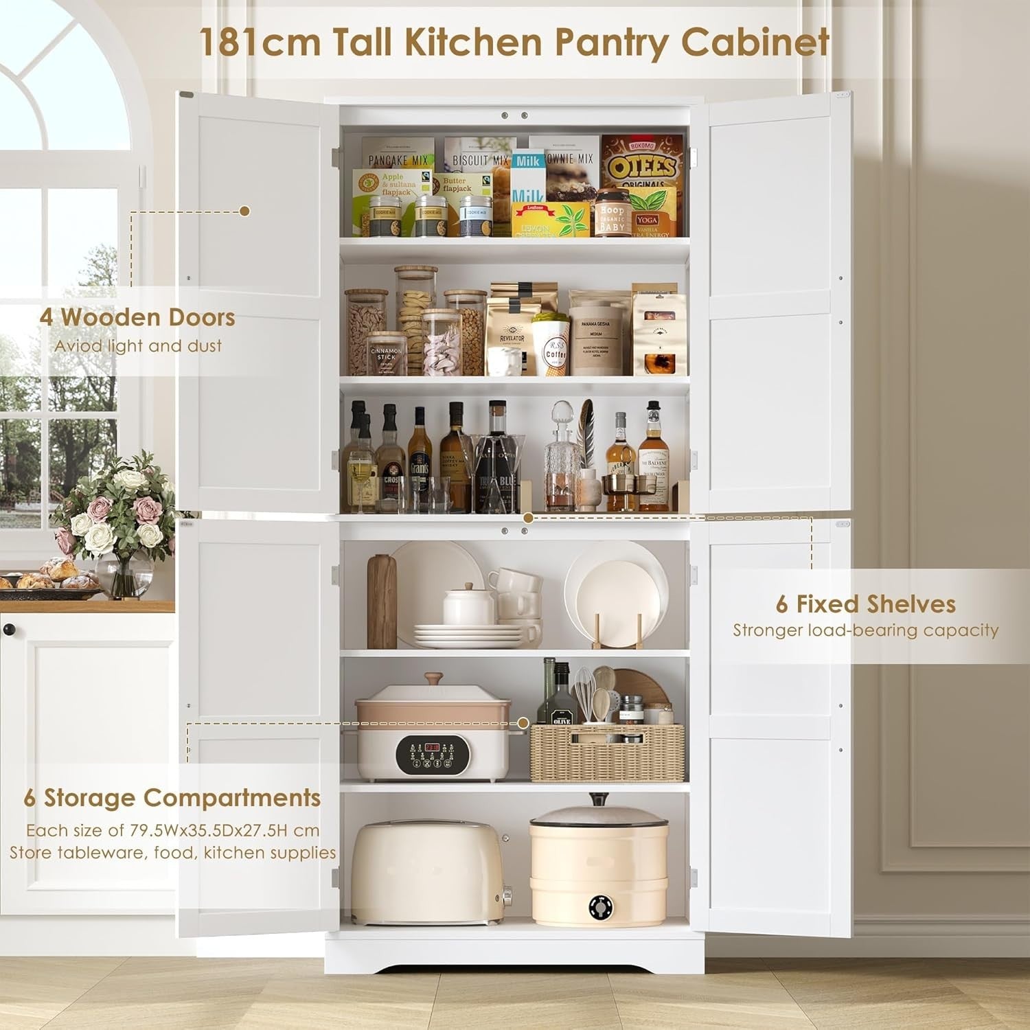 Tall Kitchen Pantry Cabinet 4-Door Storage Cupboard White
