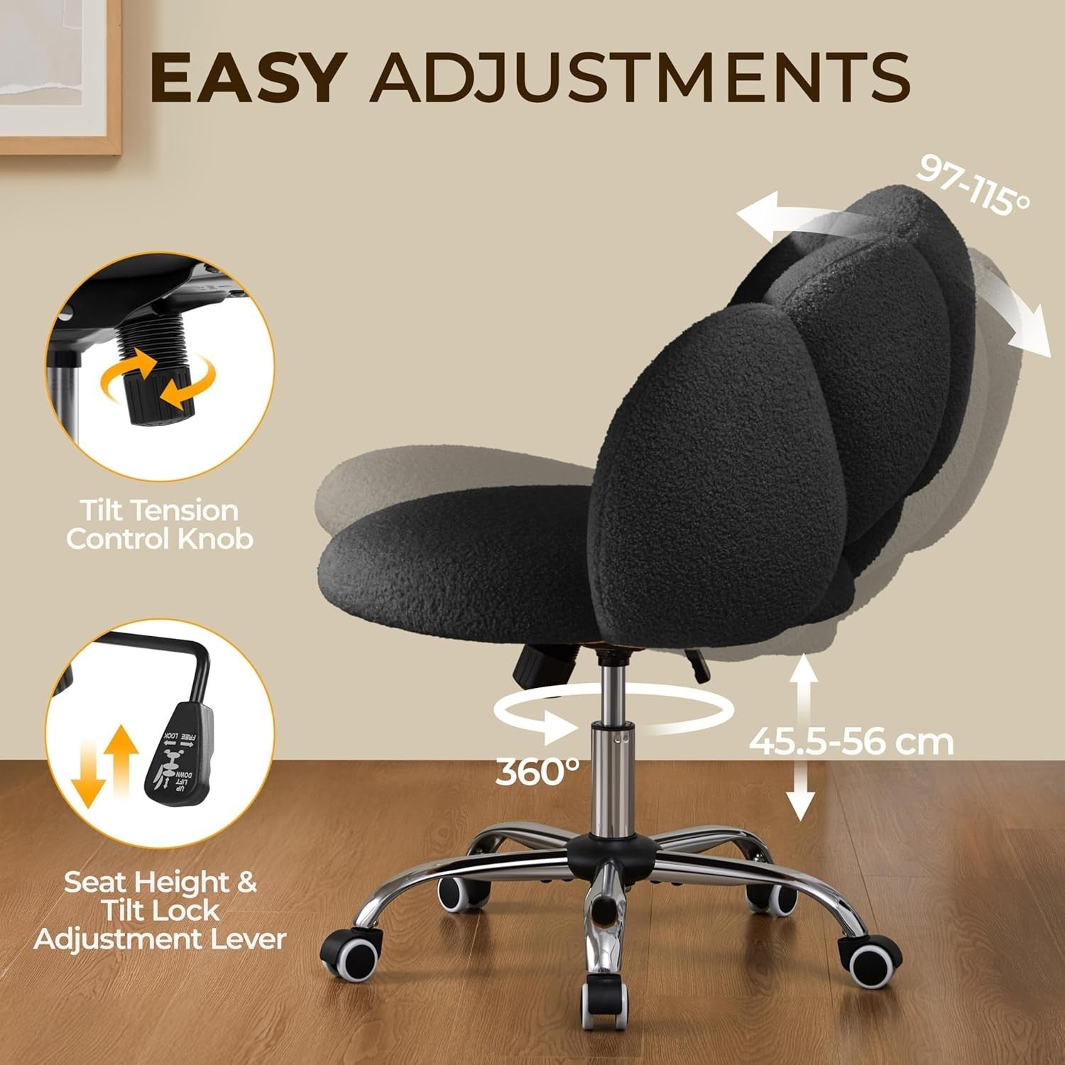 Black Boucle Cloud Vanity Chair Swivel Adjustable Desk Chair with Wheels