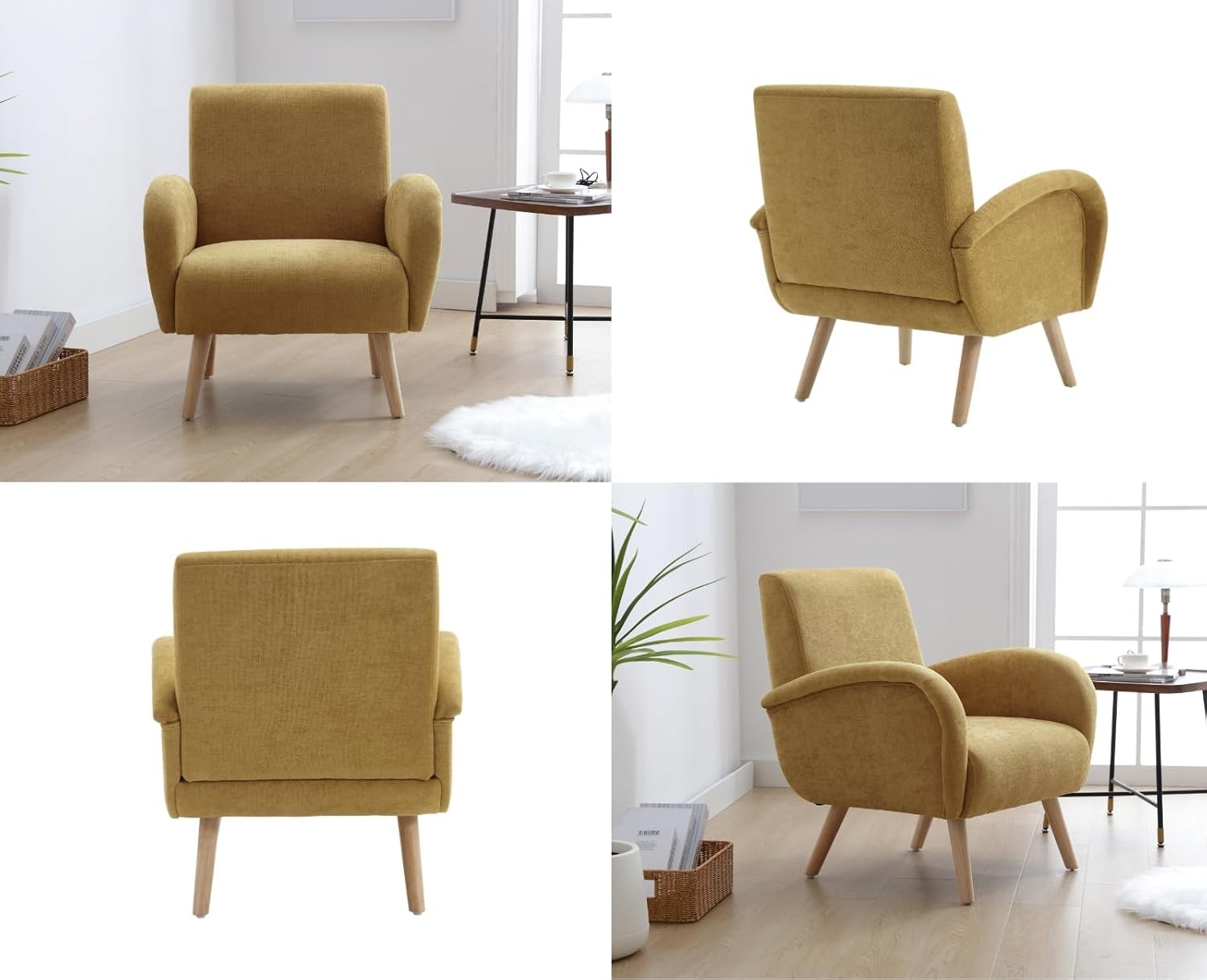 Yellow Chenille Accent Armchair High Back Lounge Chair Wooden Legs Modern