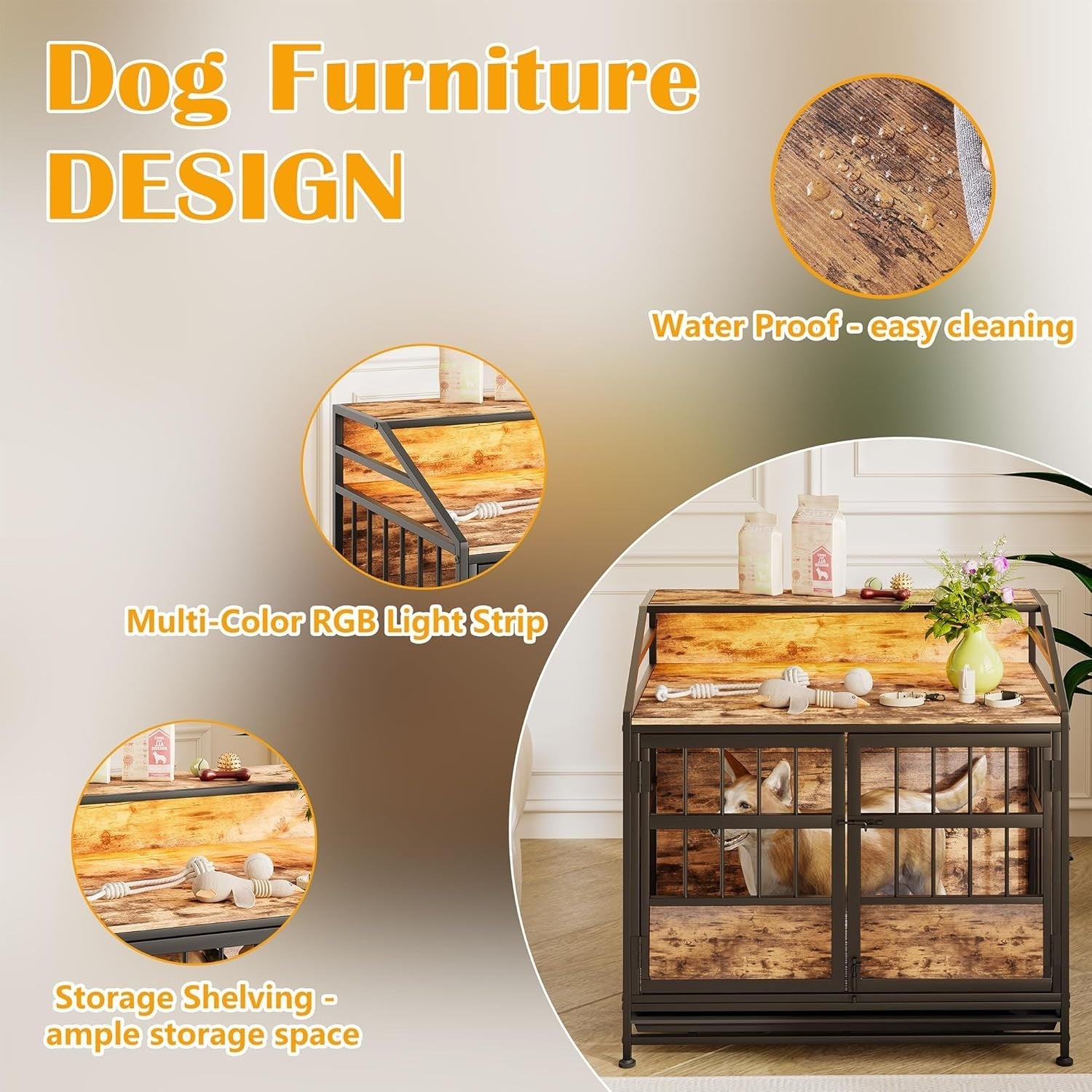 Rustic Dog Crate Furniture with LED Light & Removable Tray – Medium Size