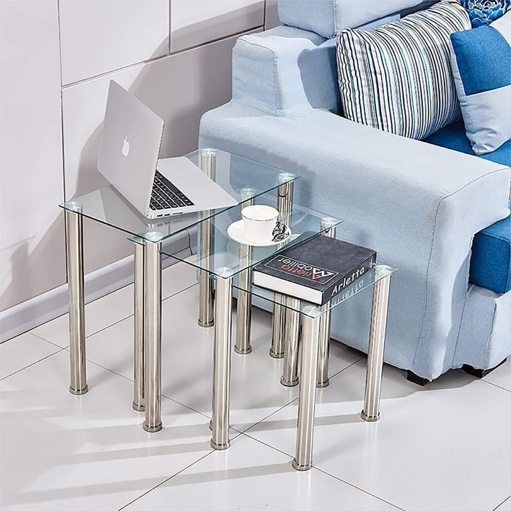 Nest of 3 Modern Glass Coffee Table Set Chrome Legs Side End Sofa Living Room