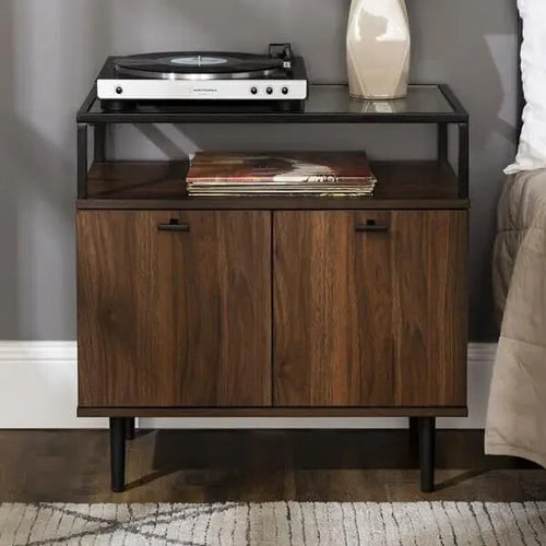 Modern Walnut Sideboard Cabinet w/ Glass Top Shelf & Hidden Storage