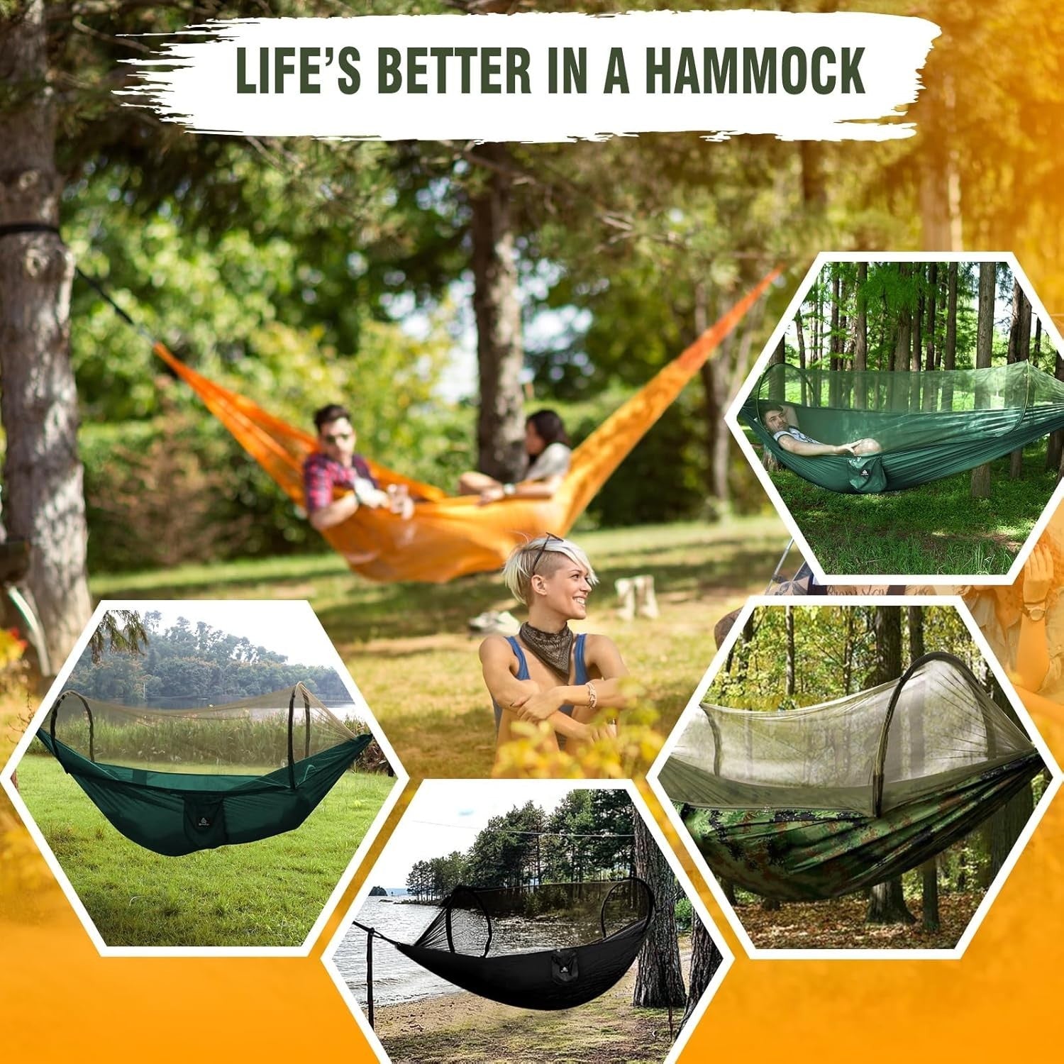 Ultralight Camping Hammock Black | 300kg Load | Pop-Up Bug Net + Tree Straps