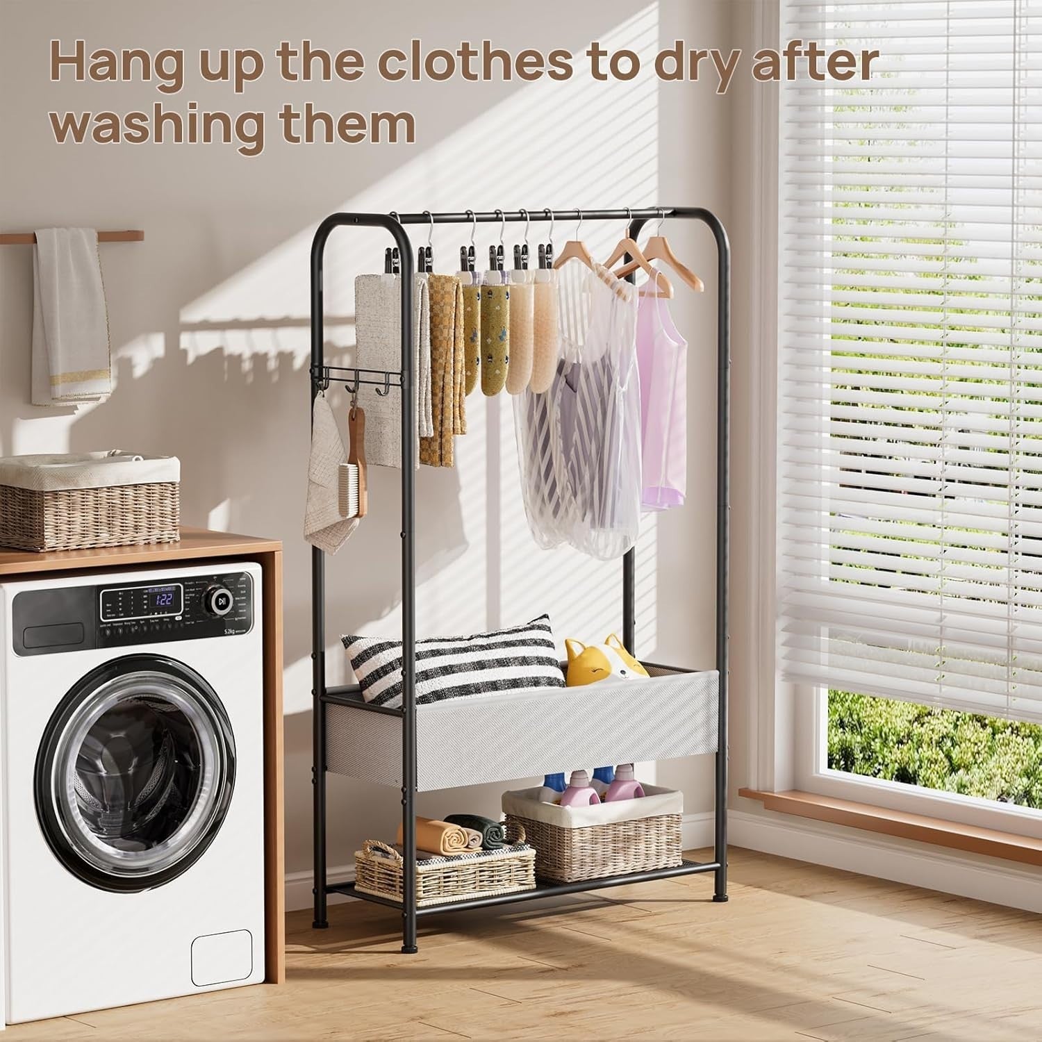 Tall Clothes Rail Black Metal Rack with Wheels, 183cm Height, Bottom Shelf