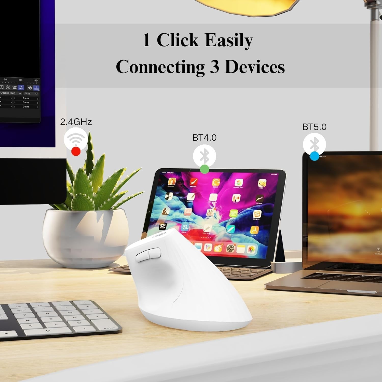 Vertical Wireless Ergonomic Mouse Bluetooth Rechargeable White