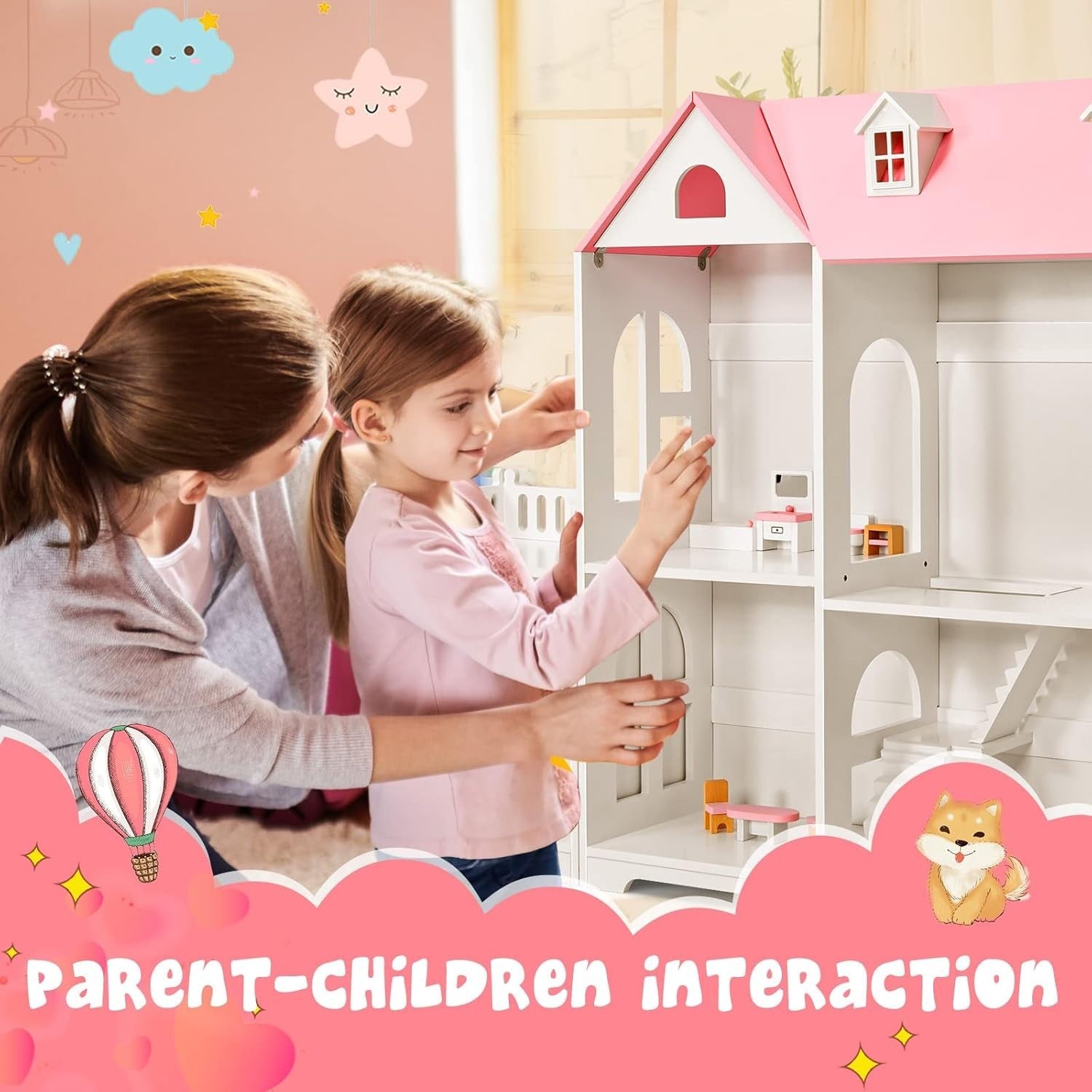 2in1 Kids Dollhouse Wooden Bookcase 2-Storey Playset w/ 14 Furniture Pink