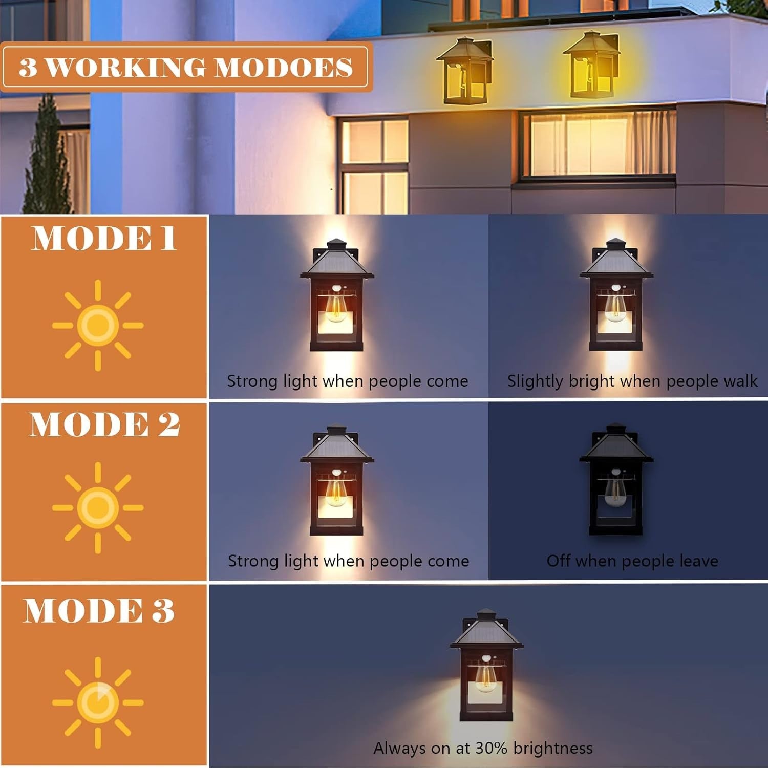 2 Pack Solar Wall Lights Outdoor Motion Sensor 3 Modes IP65 Black
