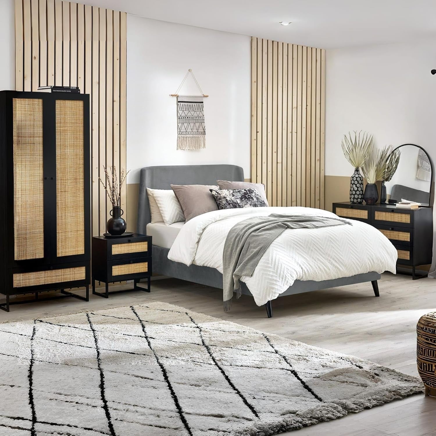 Modern Black 2 Drawer Bedside Table with Rattan Front 50x30x55cm