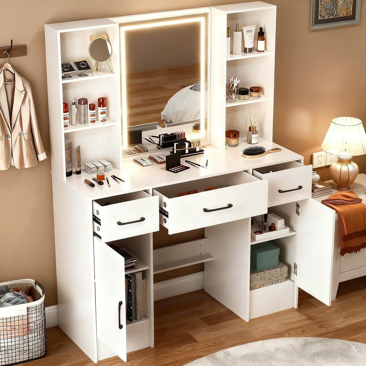 Vanity Makeup Dressing Table Desk Mirror 3 Drawers Stool LED Light White Wood