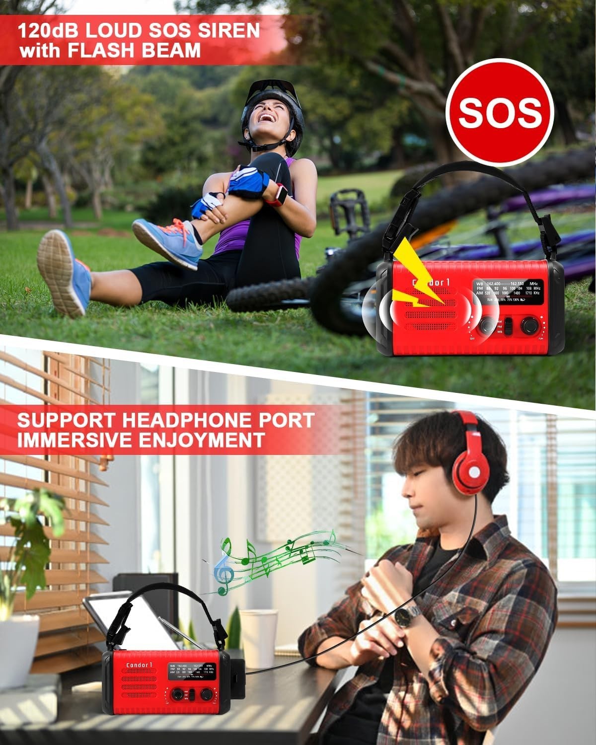 Wind Up Red Solar Emergency Radio with 20000mAh Battery, AM/FM & Flashlight
