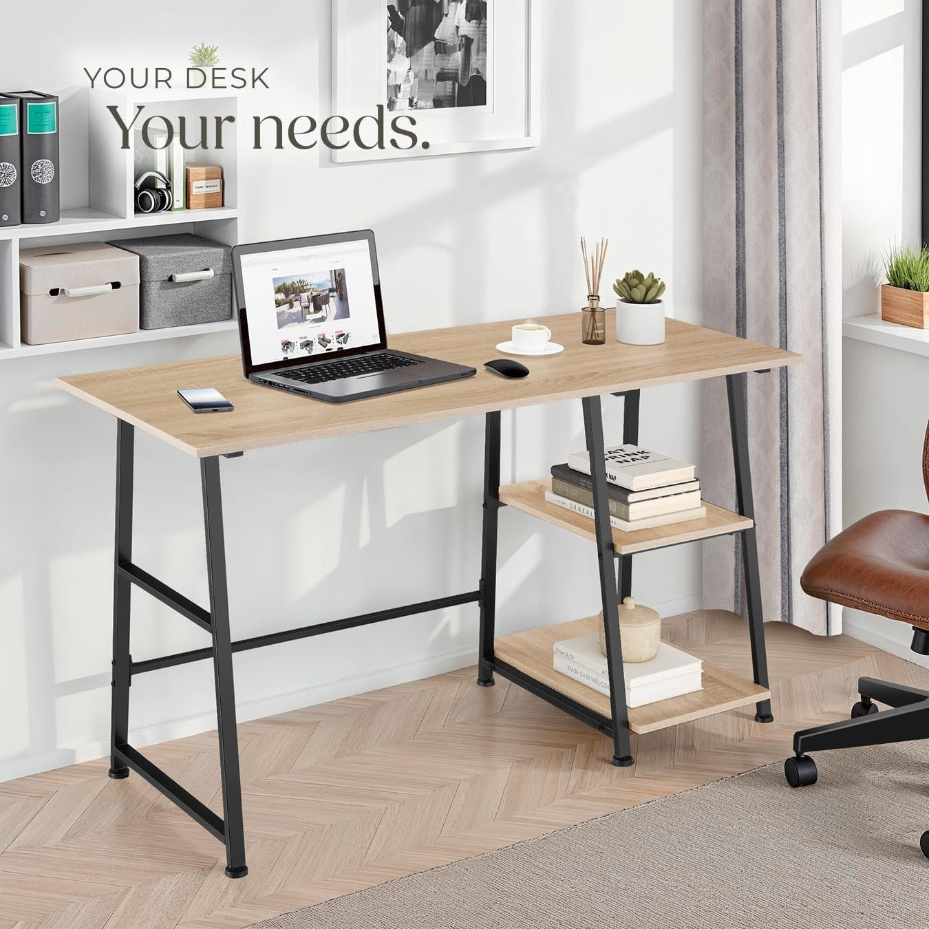 Modern Computer Desk Light Wood 120cm with Shelves & Steel Frame Office Table