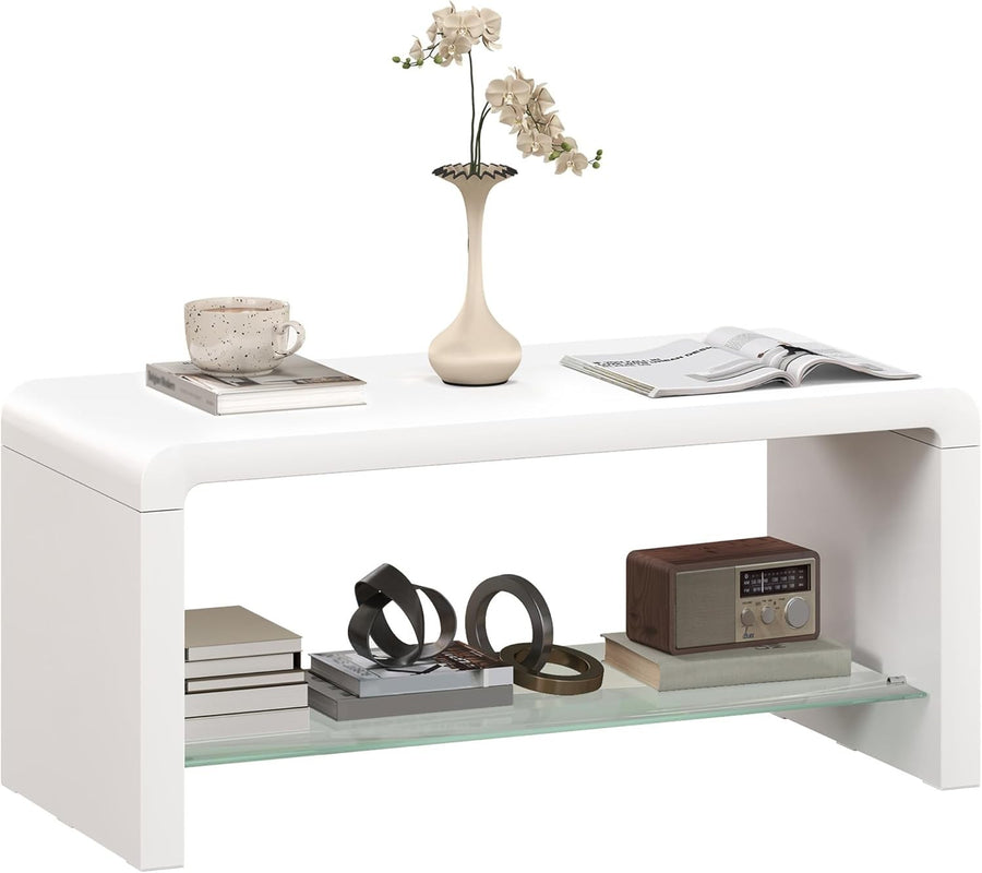 Modern High Gloss White Coffee Table with Storage & Glass Shelf 100x45x45 cm