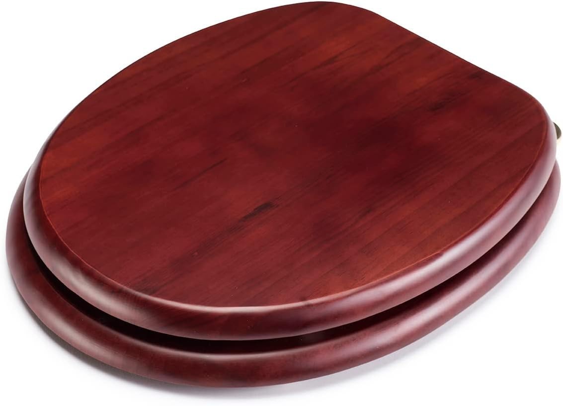 Solid Pine Toilet Seat Mahogany Oval Wood Adjustable Hinges 48x38cm