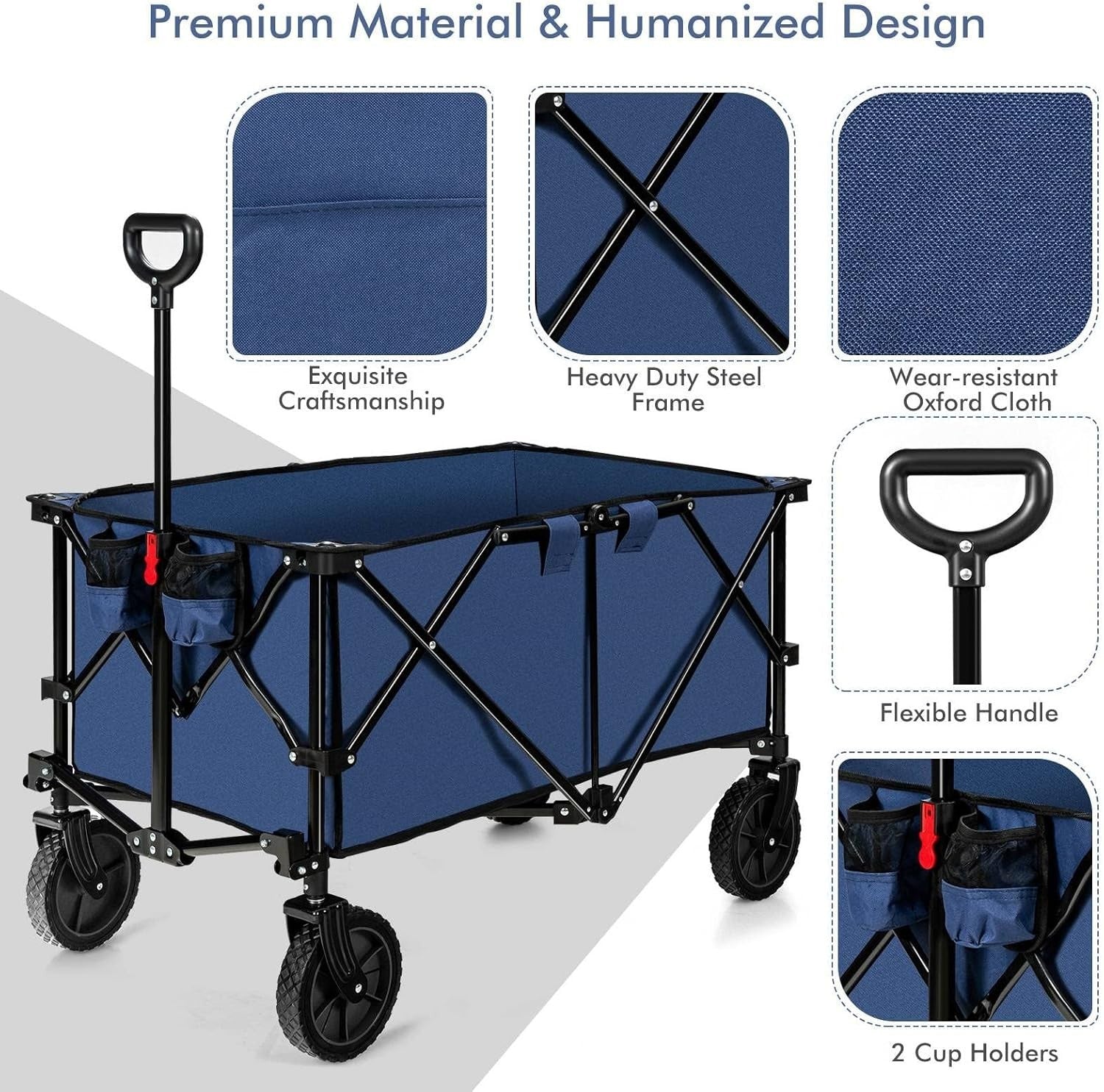 Folding Camping Wagon 87x50x38cm Heavy Duty Garden Cart Cup Holders Navy