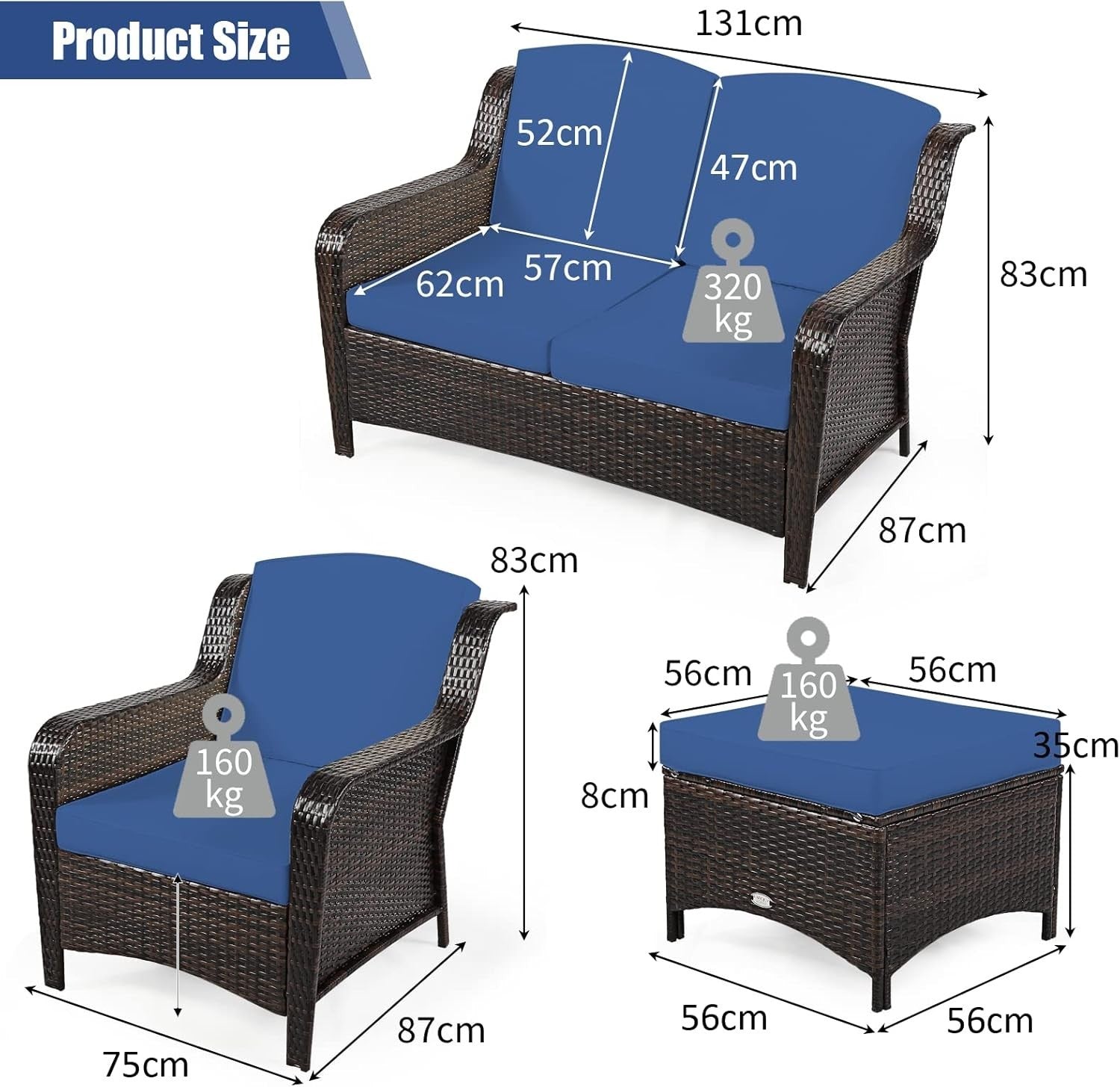 5pc Rattan Garden Sofa Set Navy Blue | Outdoor Patio Seats & Ottomans