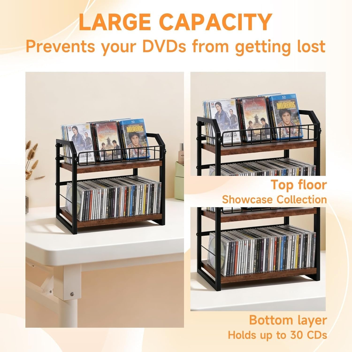 2 Tier CD DVD Storage Rack Desktop Media Organizer Holds 50 Cases Walnut