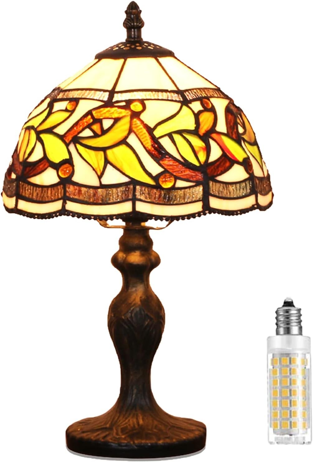 Vintage Stained Glass Table Lamp with Leaf Flower Shade Warm Light