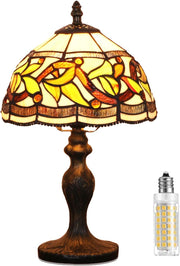Vintage Stained Glass Table Lamp with Leaf Flower Shade Warm Light
