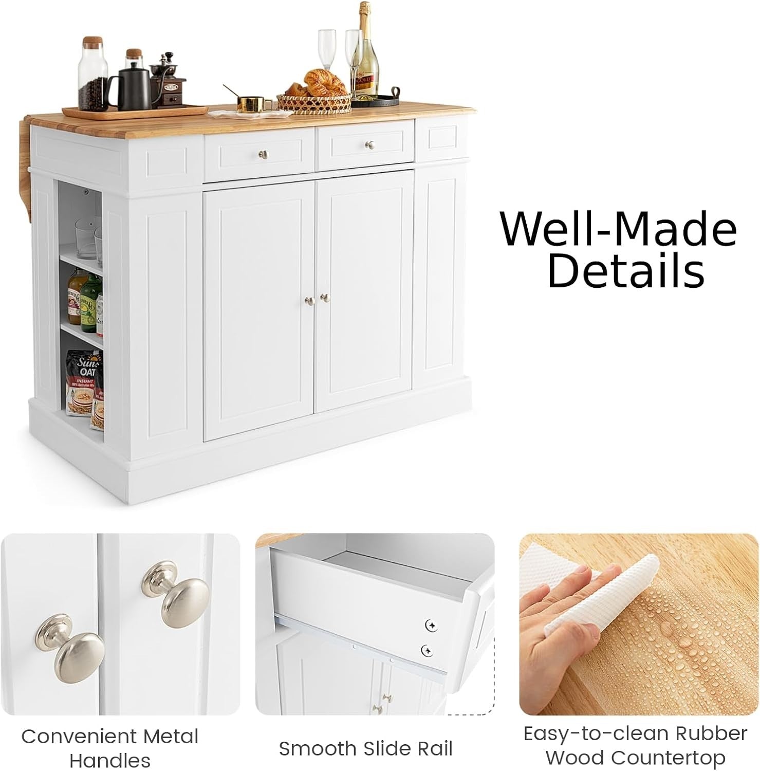 Extendable Kitchen Island Cart with Storage Drawers, Adjustable Shelves.