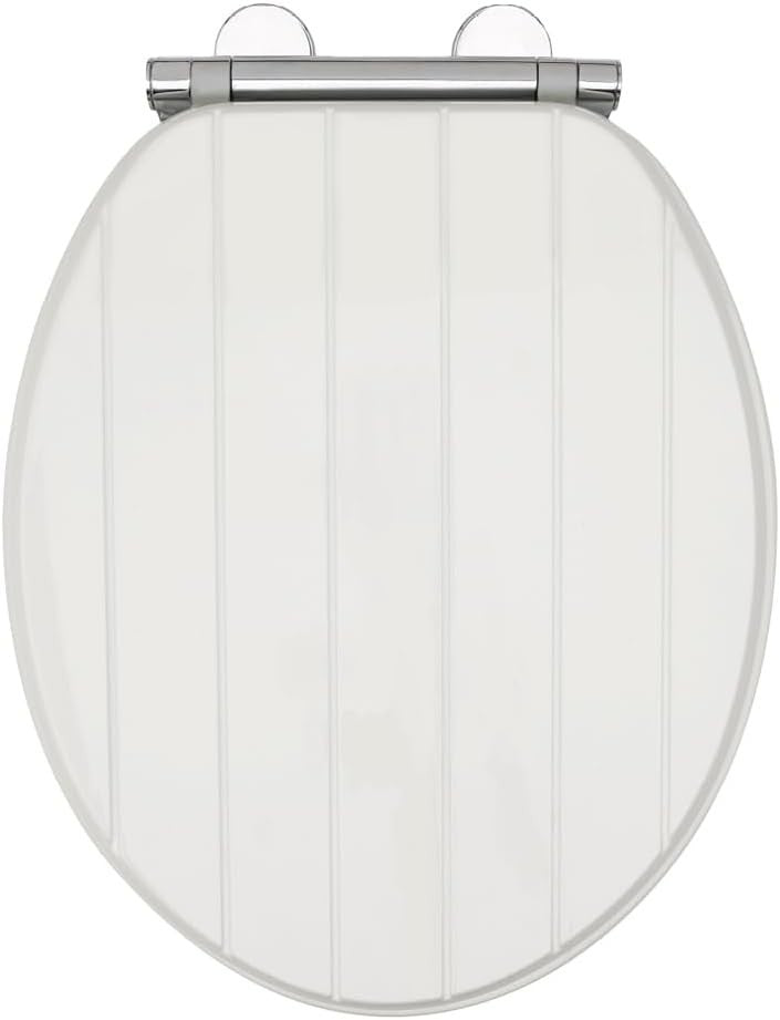 White Tongue & Groove Toilet Seat Soft Close Moulded Wood Easy Clean 42x36cm