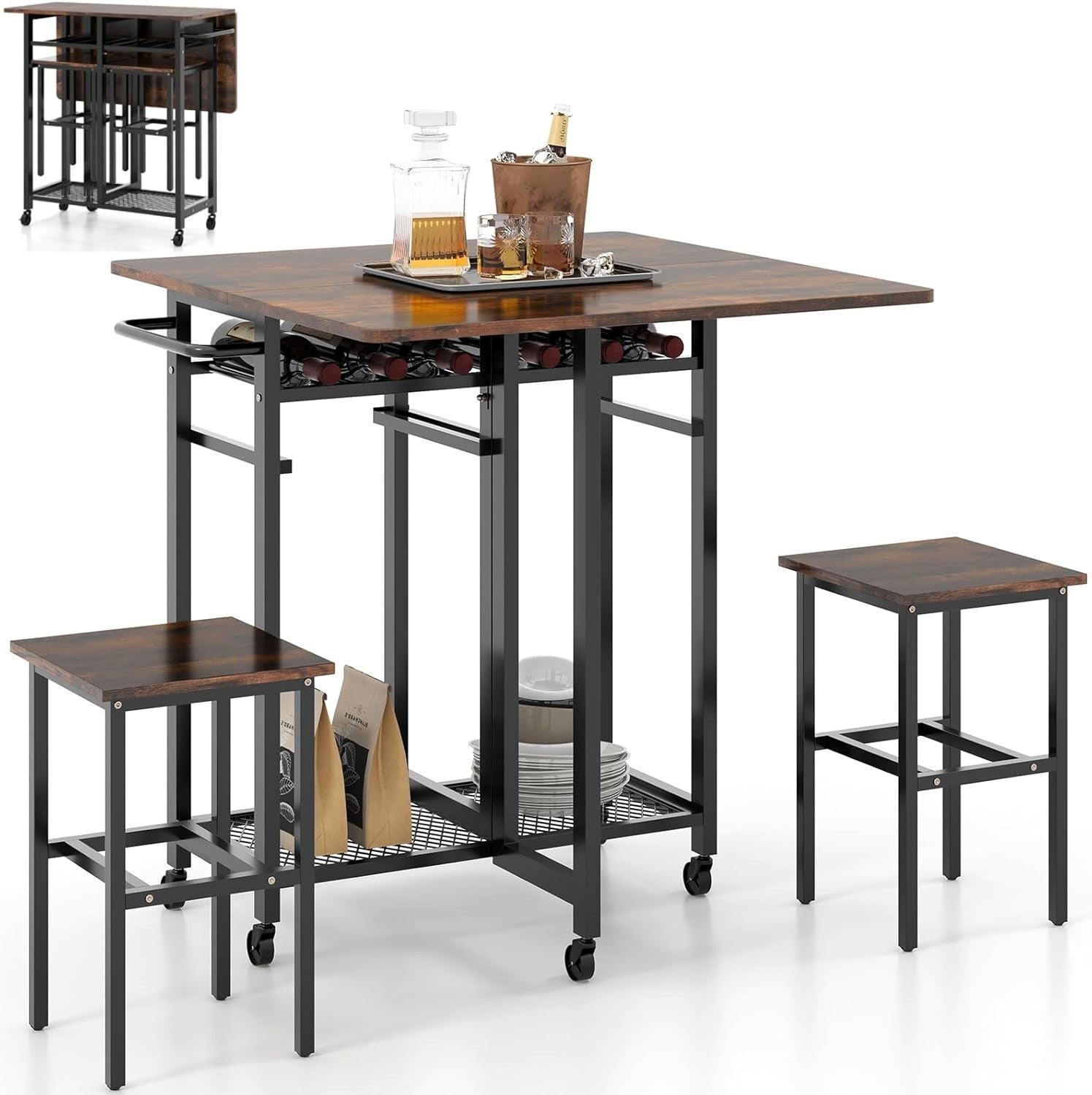Foldable Drop Leaf Dining Table Set with Storage Shelves, Wine Rack & Stools