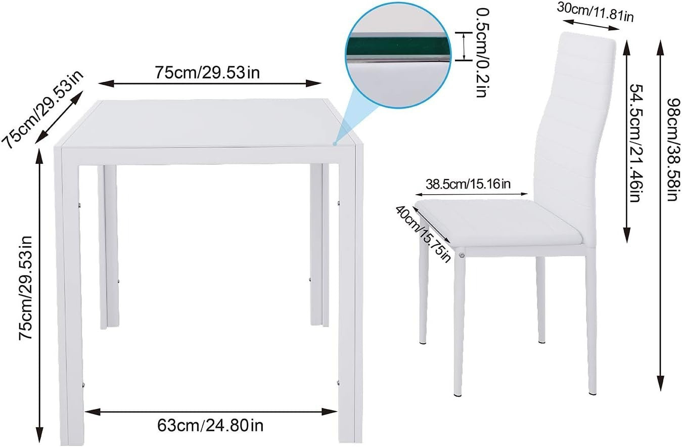 Modern White Glass Dining Table Set with 4 Faux Leather Chairs – 75cm Square