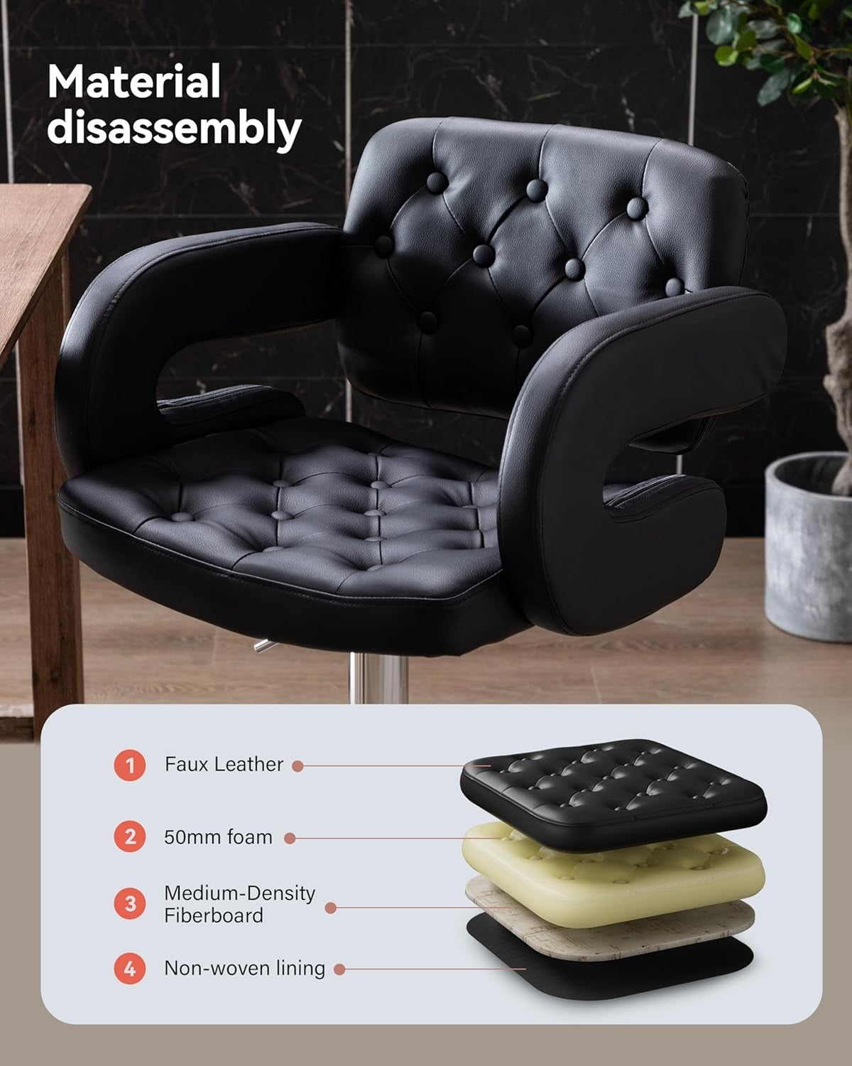 Black PU Adjustable Swivel Kitchen Breakfast Bar Stool Faux Leather