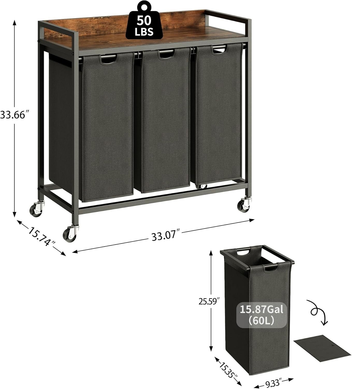 3 Section Laundry Basket with Shelf Removable Bags Wheels Rustic Brown Black