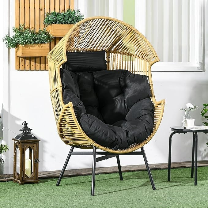 Outdoor Egg Chair Rattan Garden Seat w/ Cushion & Headrest – Adjustable Feet