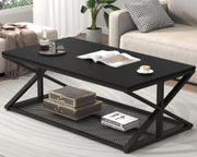Modern Black Coffee Table with Storage Shelf – Industrial Metal Frame 120cm