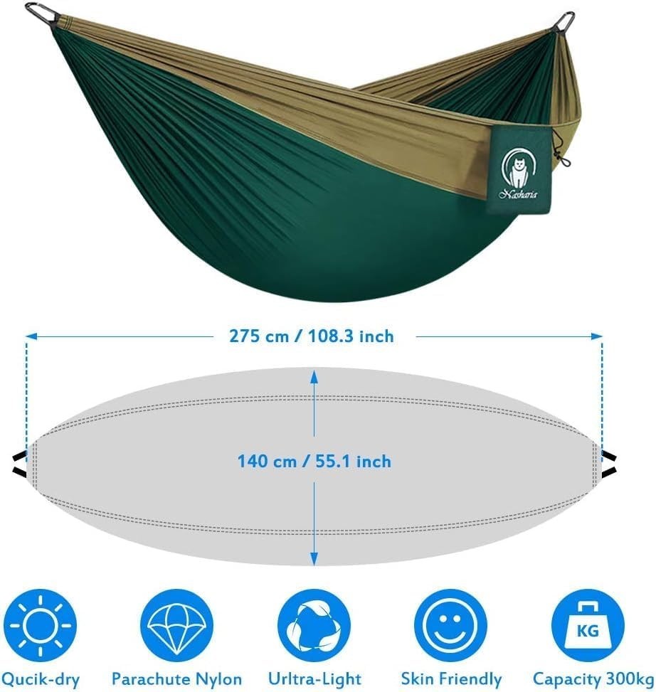 2 Person Camping Hammock 300kg Load Nylon Parachute 275x140cm Lightweight