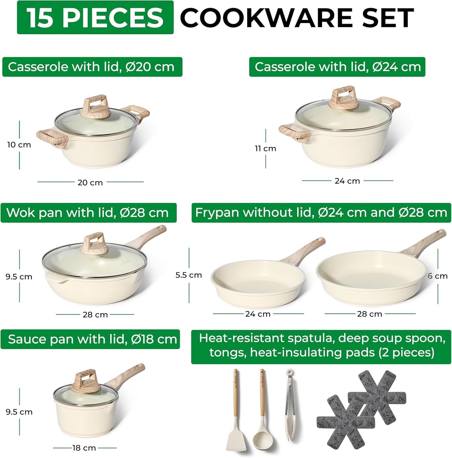 15pcs White Granite Induction Non Stick Cookware Set Pots & Pans with Utensils