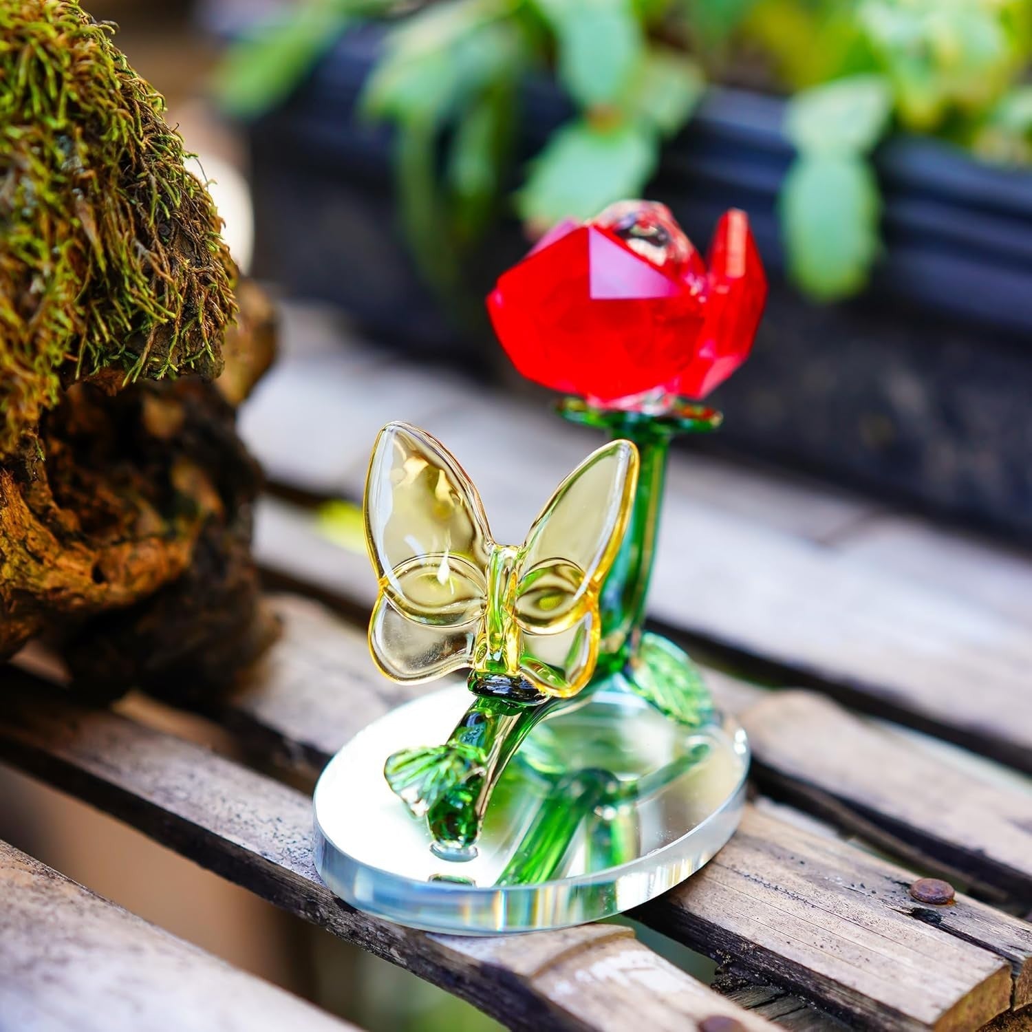 Crystal Red Rose Ornament with Butterfly • Glass Flower Gift • Romantic Decor