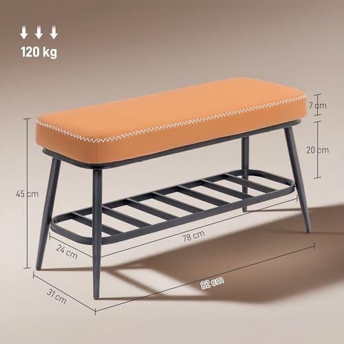 Brown PU Leather Shoe Storage Bench with Cushion Seat & Metal Frame Entryway