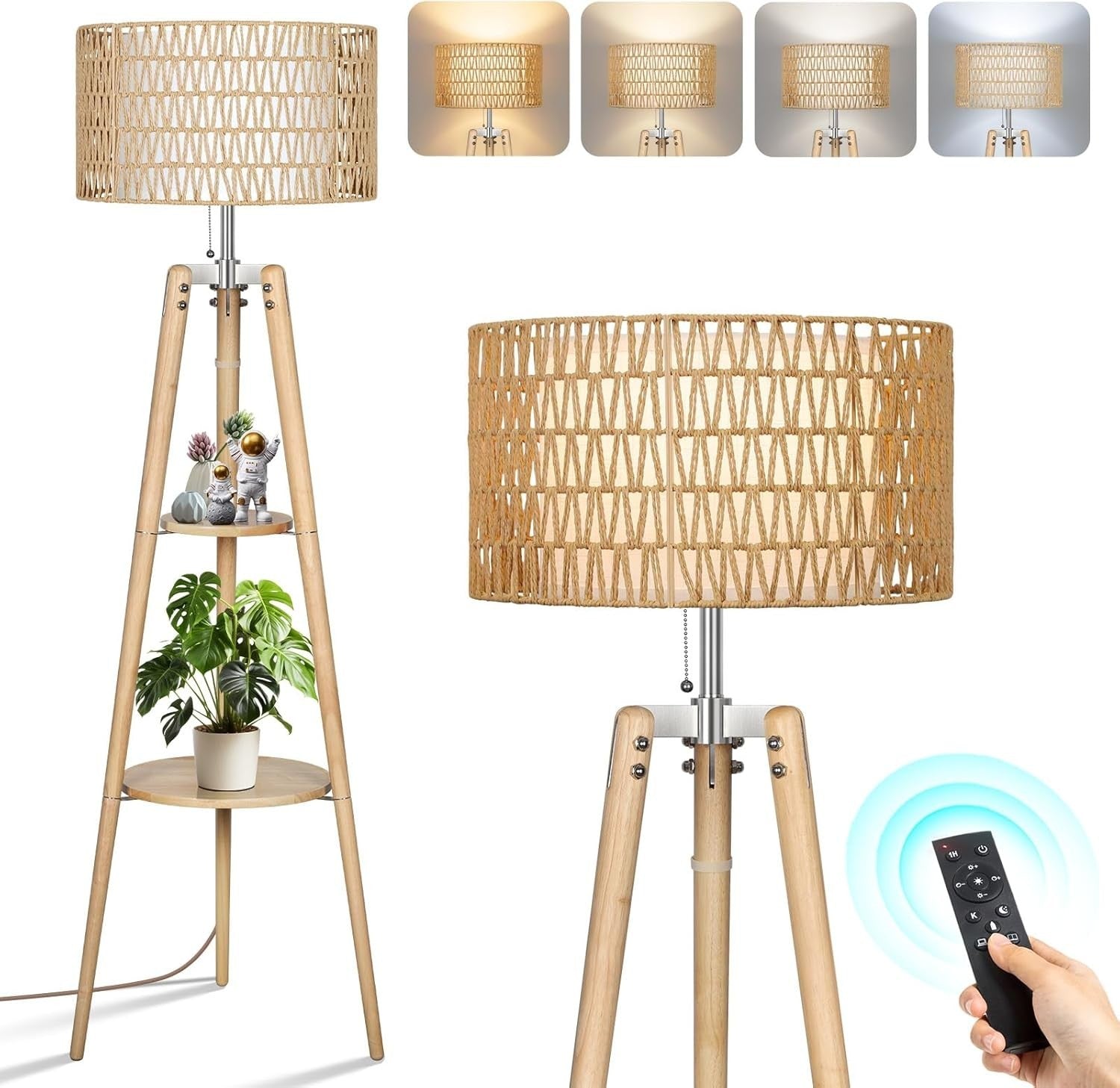 Adjustable Rattan Floor Lamp with Shelves & Remote, Dimmable Warm Light