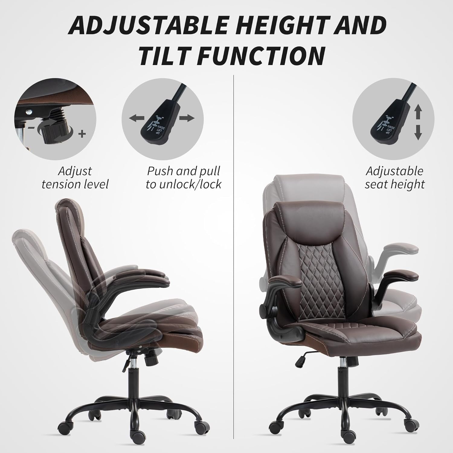 Ergonomic Brown Faux Leather Office Desk Chair Adjustable Swivel Rolling