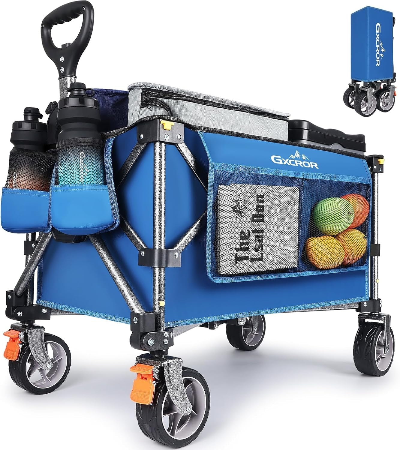 Blue 100L Folding Wagon Heavy Duty Trolley 13cm Wide Wheel Cart w/ Brakes