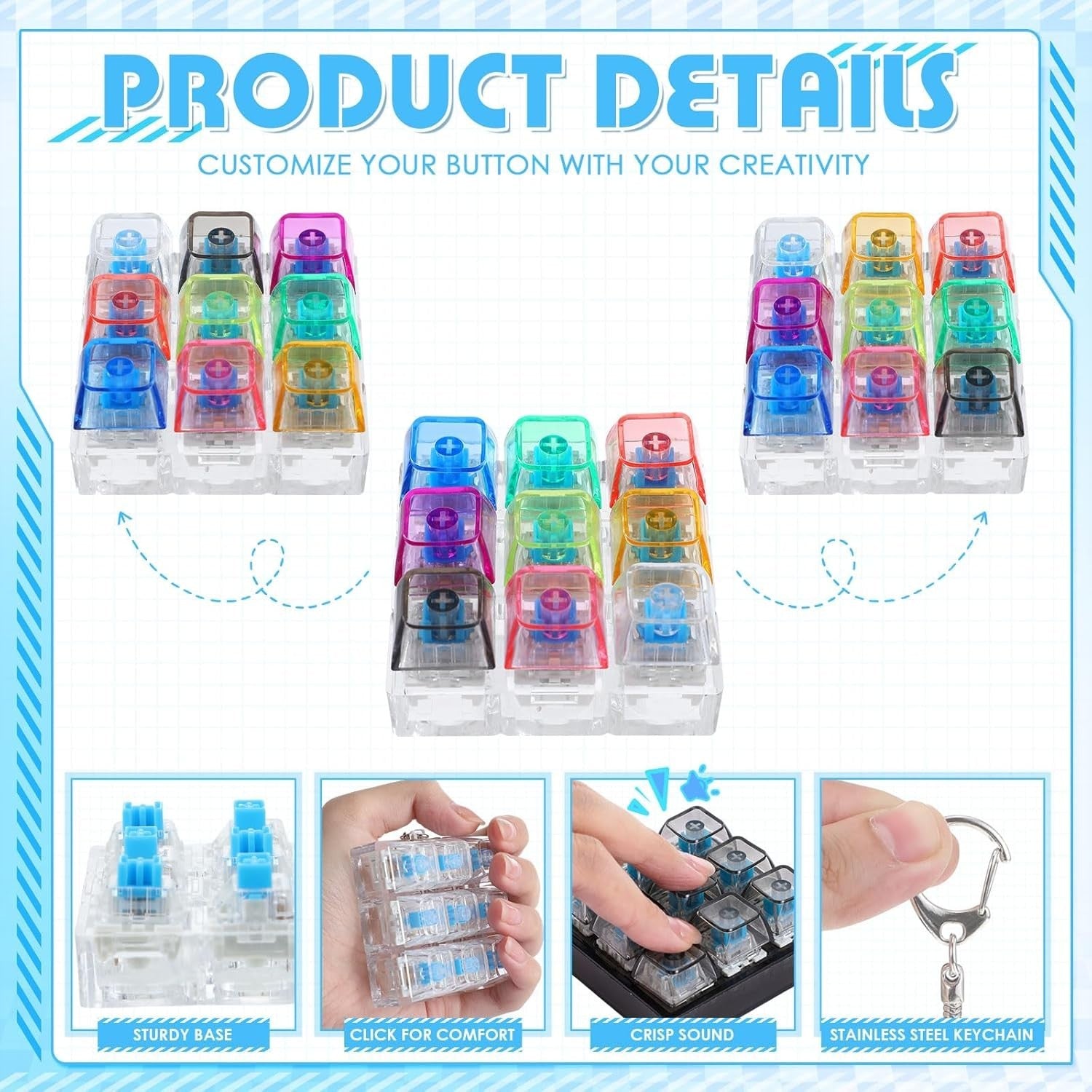 Keyboard Fidget Clicker Keychain 3 Pack 9-in-1 Stress Relief Toy