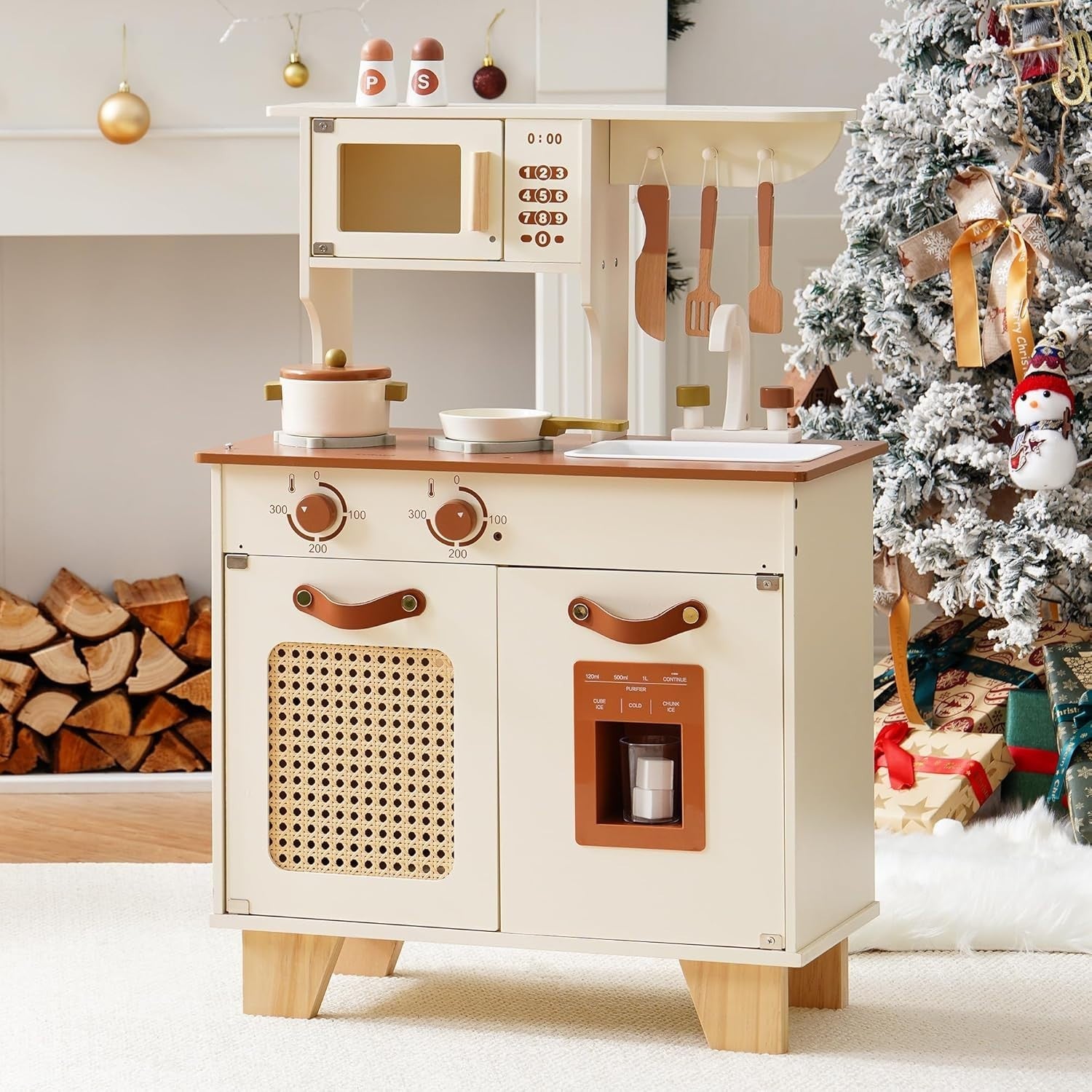 Wooden Kids Play Kitchen w/ Ice Dispenser Vintage Cream Toy